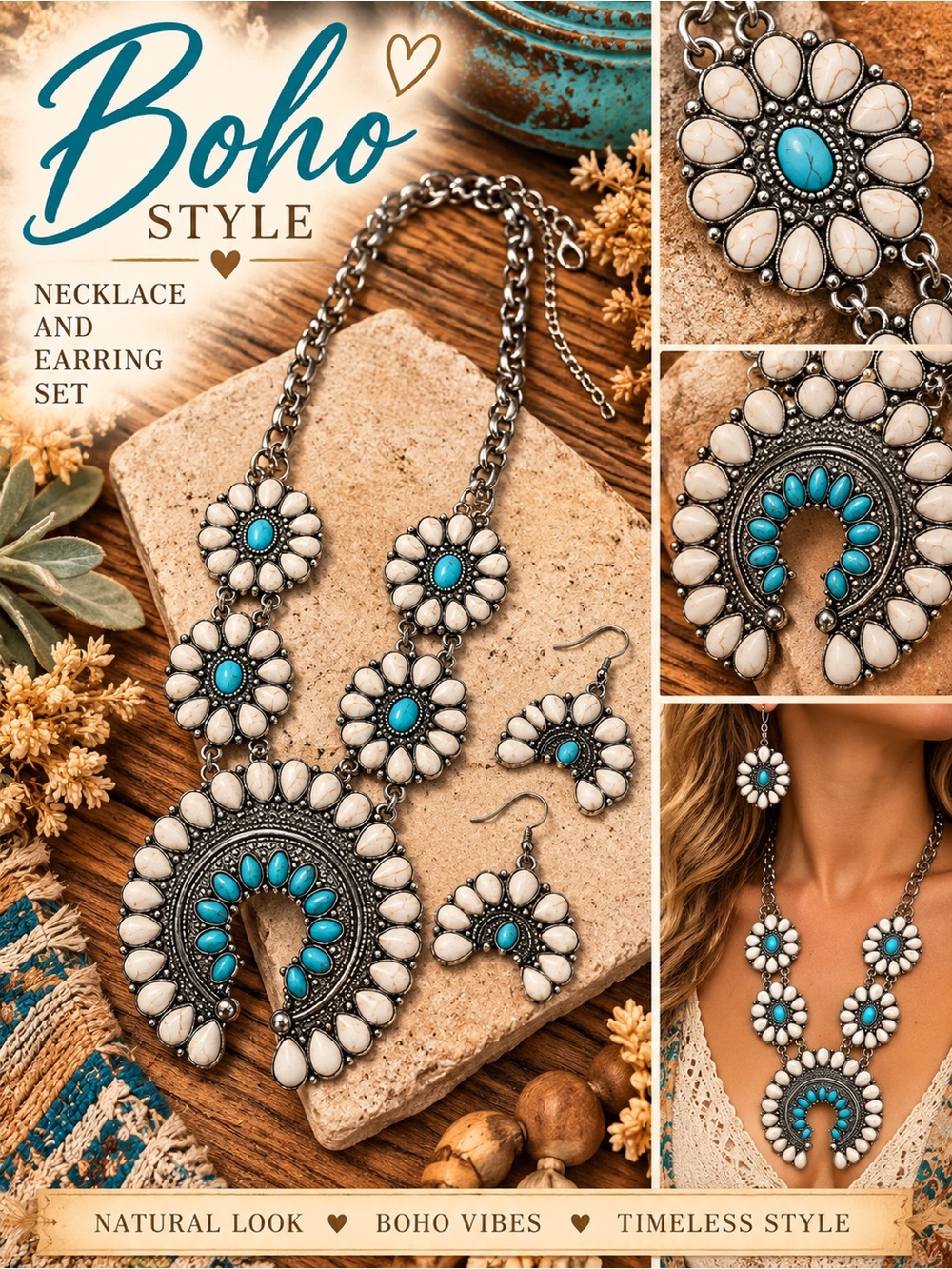 Boho Turquoise & White Statement Necklace and Earring Set by